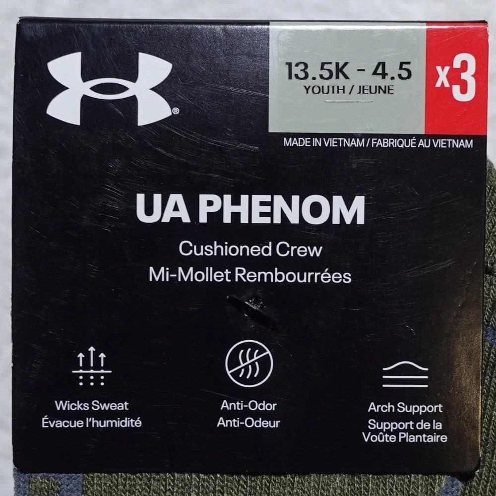 PACK OF 2 Under Armour UA Phenom Crew Socks Youth 13.5K-4.5 3-Pack Each